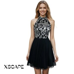 Xscape Black W Metallic Silver Sequins Pleated Dress NWOT Size 2